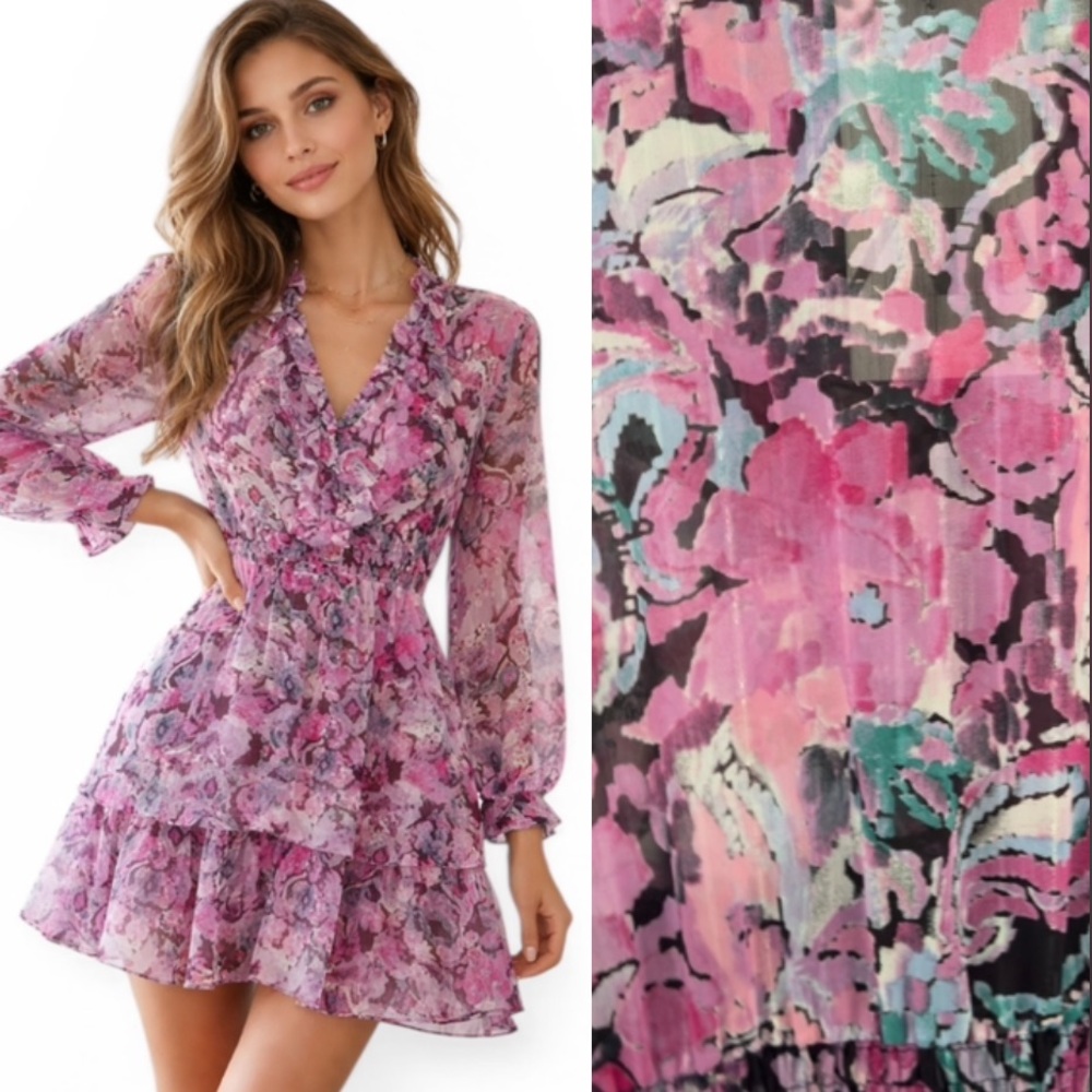 Zara NEW Pink Floral Sheer Long Sleeve Ruffle Mini Dress Viral Boho Romantic